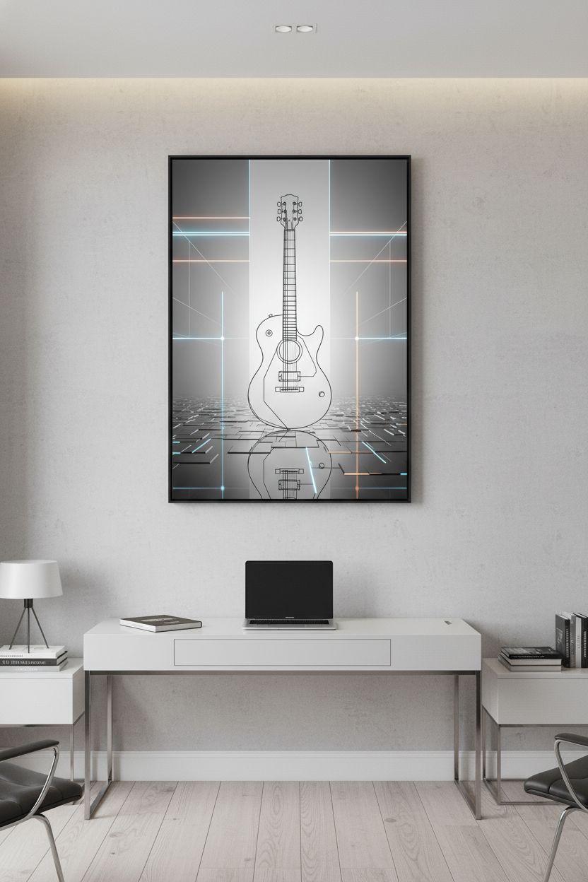 Geometric Guitar Study: Minimal Tech Line Art Print wall art room scene 6