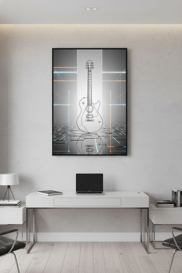 Geometric Guitar Study: Minimal Tech Line Art Print wall art room scene 6