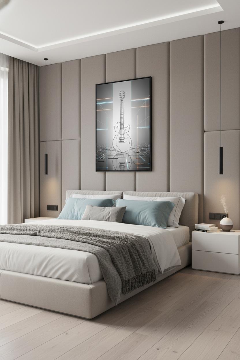 Geometric Guitar Study: Minimal Tech Line Art Print wall art room scene 7