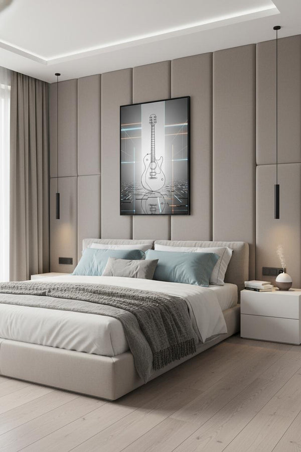 Geometric Guitar Study: Minimal Tech Line Art Print wall art room scene 7