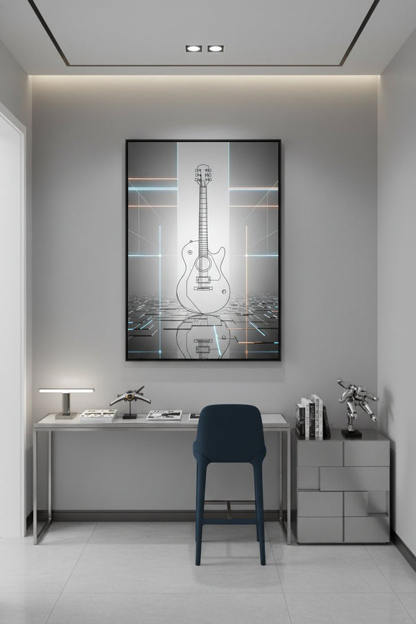 Geometric Guitar Study: Minimal Tech Line Art Print wall art room scene 9
