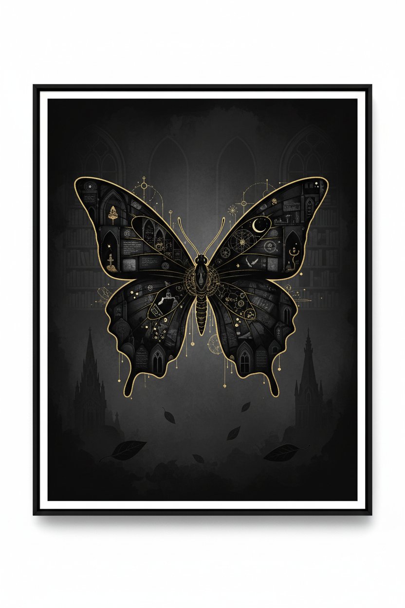 Monochrome Nocturne: Dark Academia Butterfly Art Print main artwork