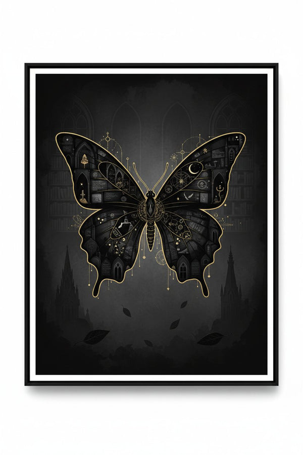 Monochrome Nocturne: Dark Academia Butterfly Art Print main artwork