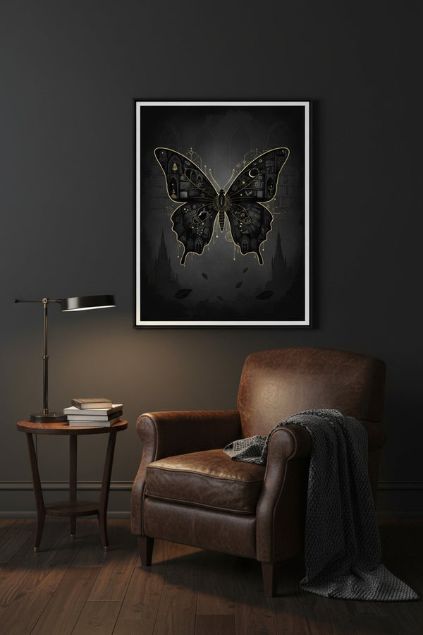 Monochrome Nocturne: Dark Academia Butterfly Art Print wall art room scene 10