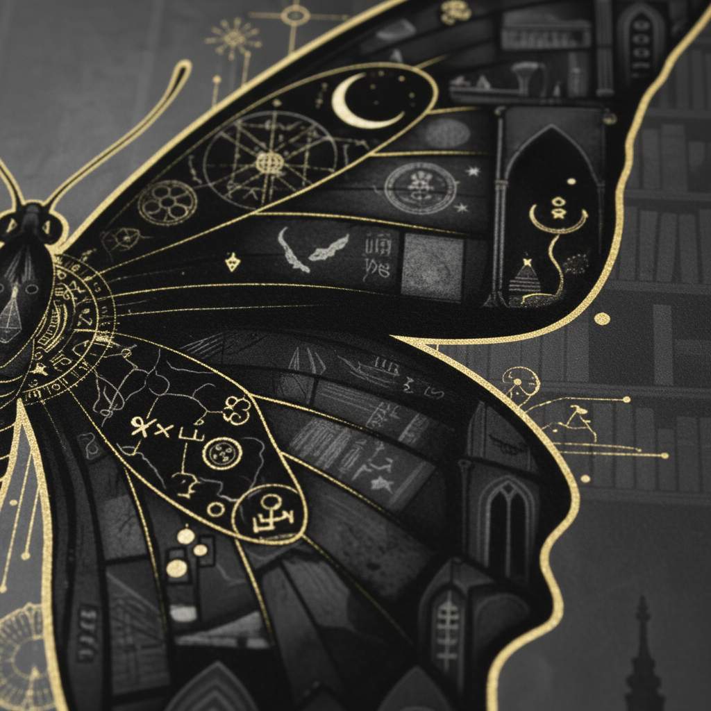Monochrome Nocturne: Dark Academia Butterfly Art Print detail close up 11