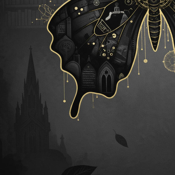 Monochrome Nocturne: Dark Academia Butterfly Art Print detail close up 12