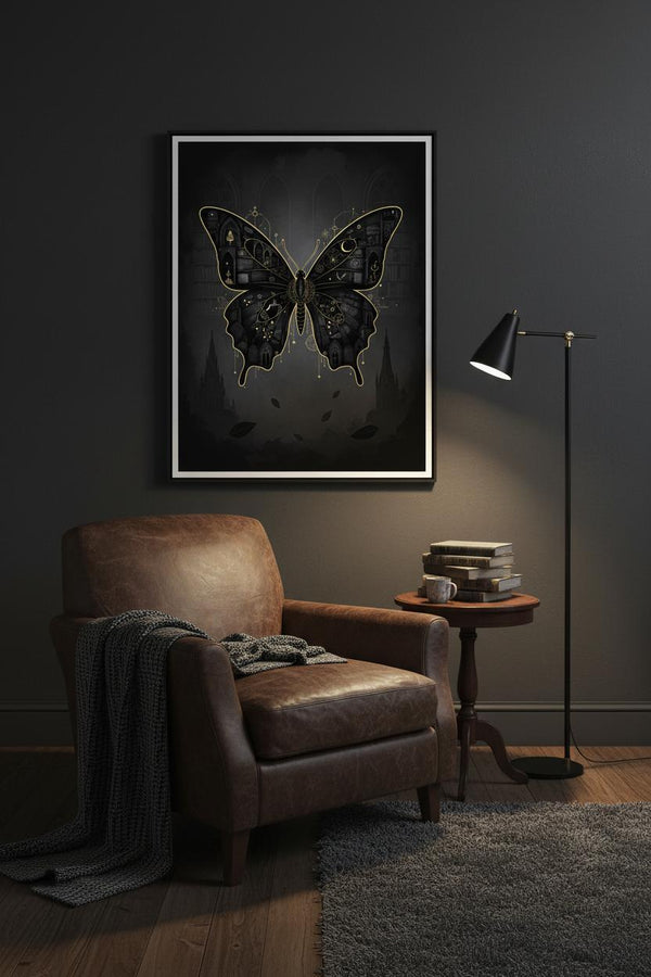 Monochrome Nocturne: Dark Academia Butterfly Art Print wall art room scene 2