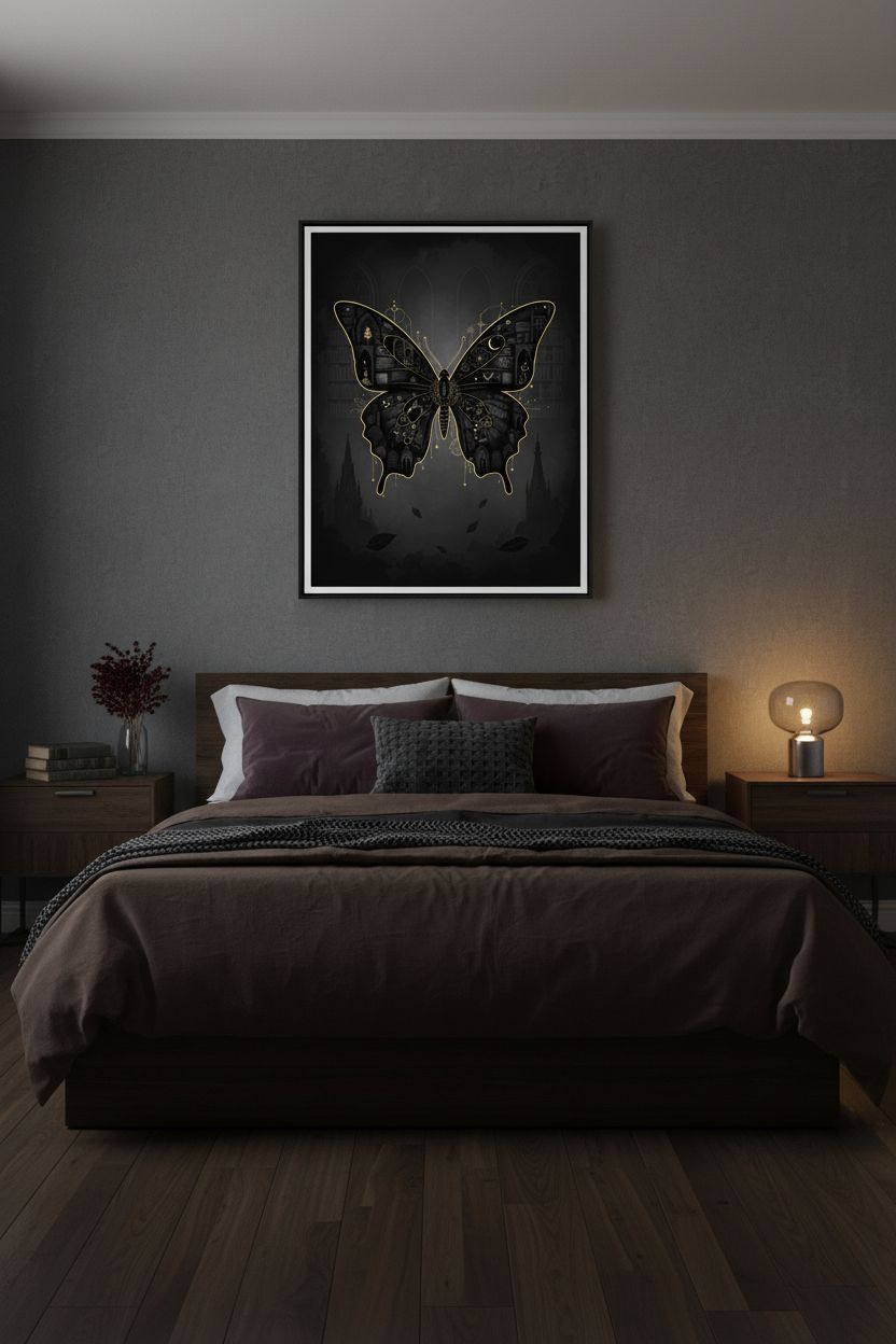 Monochrome Nocturne: Dark Academia Butterfly Art Print wall art room scene 3