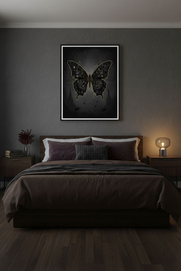 Monochrome Nocturne: Dark Academia Butterfly Art Print wall art room scene 3