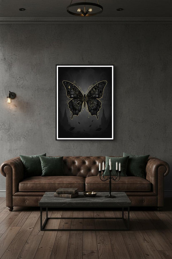 Monochrome Nocturne: Dark Academia Butterfly Art Print wall art room scene 4