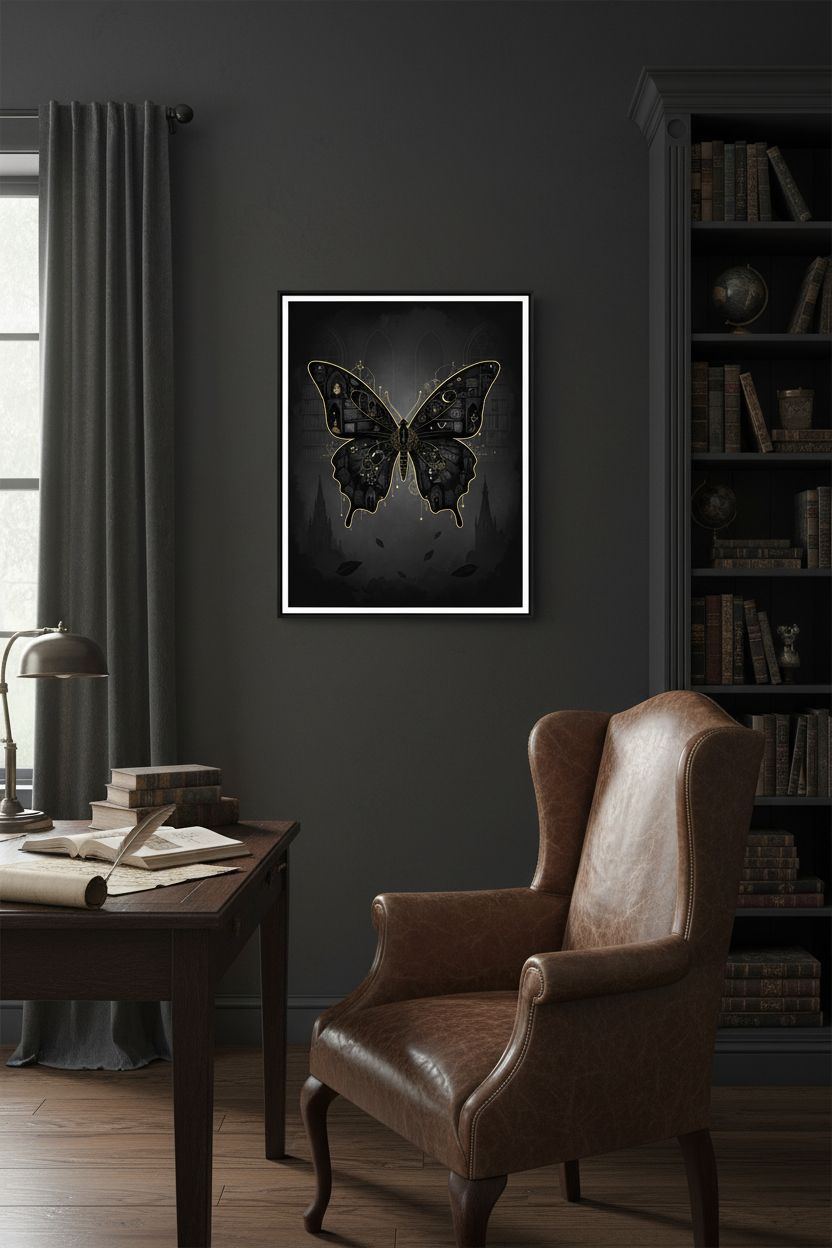 Monochrome Nocturne: Dark Academia Butterfly Art Print wall art room scene 5