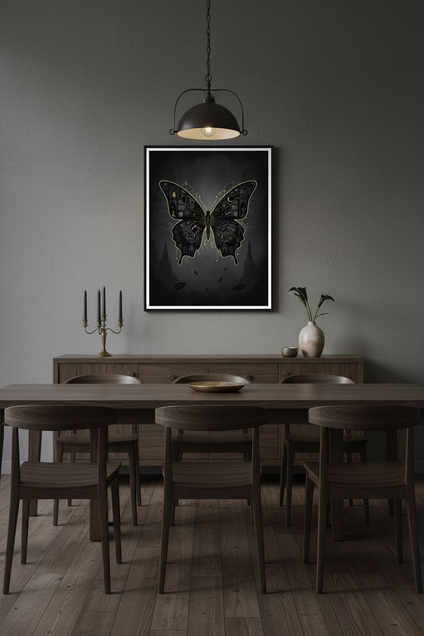 Monochrome Nocturne: Dark Academia Butterfly Art Print wall art room scene 6