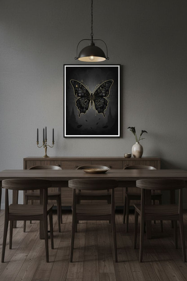 Monochrome Nocturne: Dark Academia Butterfly Art Print wall art room scene 6