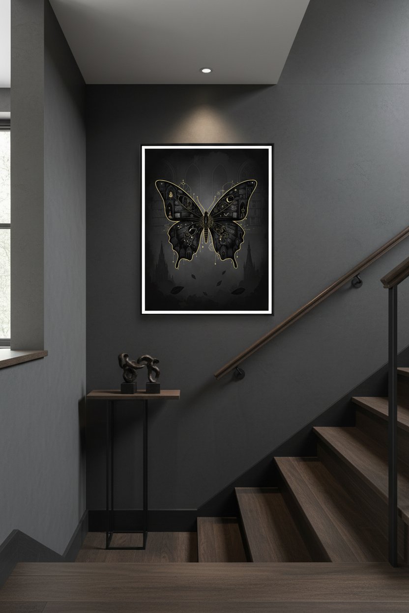 Monochrome Nocturne: Dark Academia Butterfly Art Print wall art room scene 7
