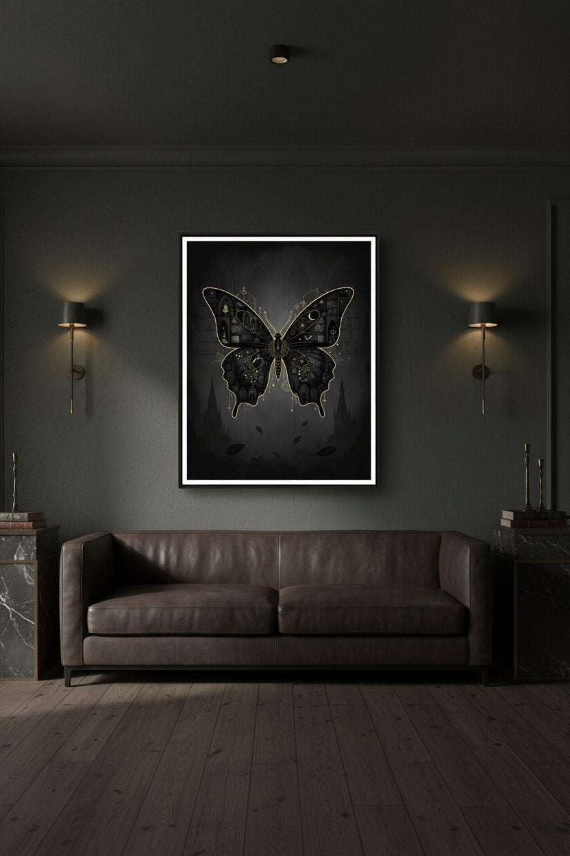 Monochrome Nocturne: Dark Academia Butterfly Art Print wall art room scene 8