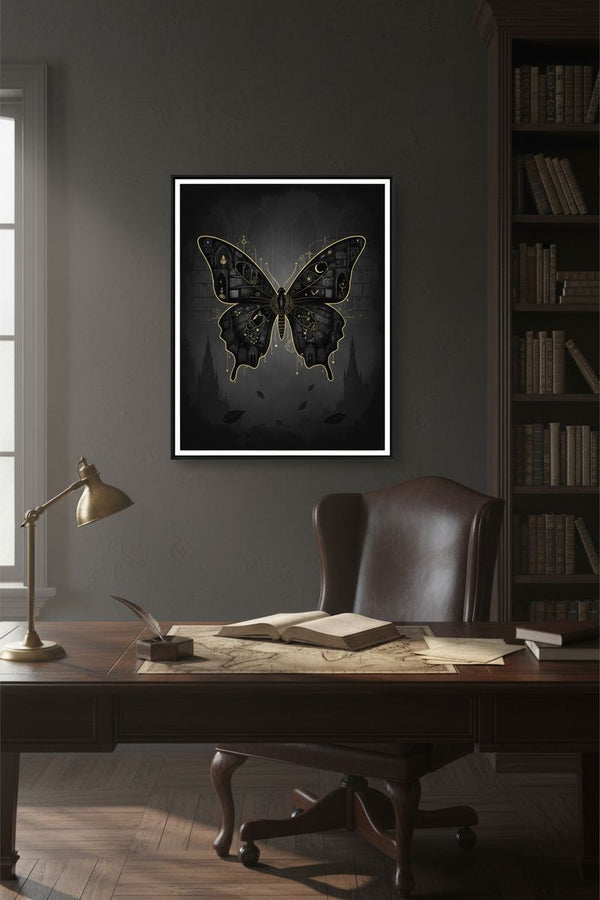 Monochrome Nocturne: Dark Academia Butterfly Art Print wall art room scene 9