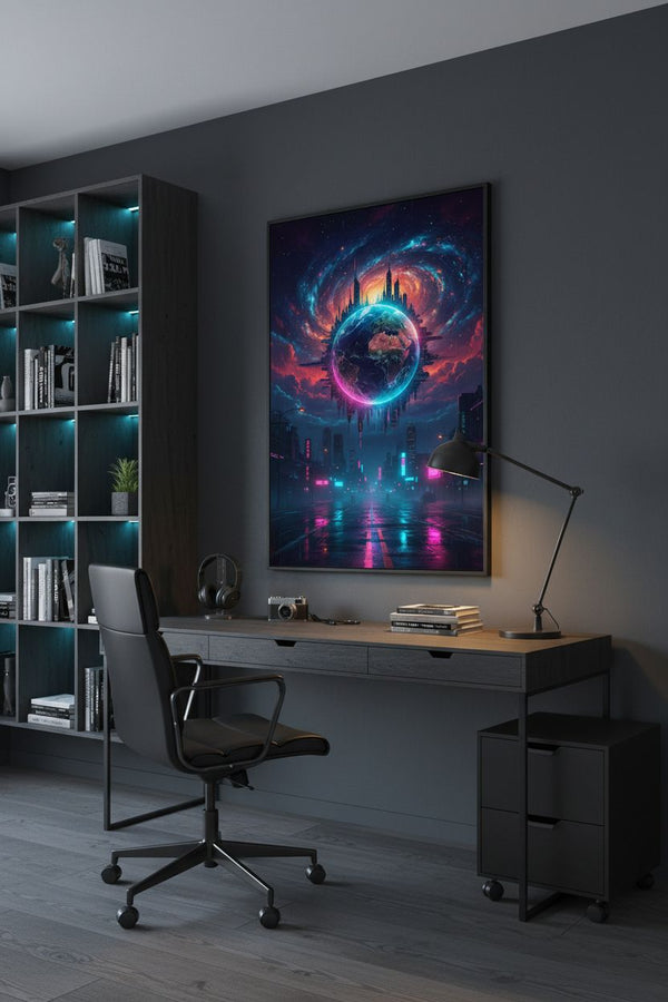 Neon Horizon: Cyberpunk Earth Gaze wall art room scene 10