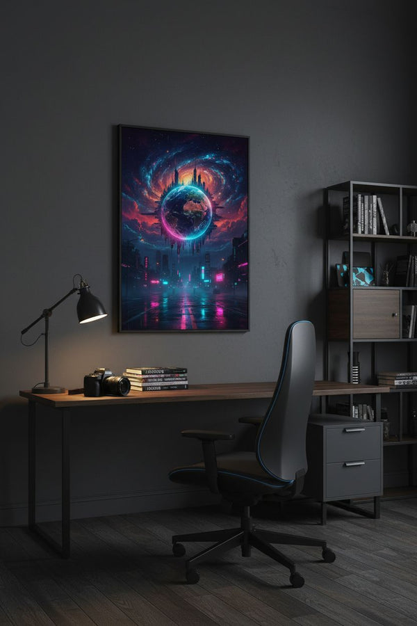 Neon Horizon: Cyberpunk Earth Gaze wall art room scene 2