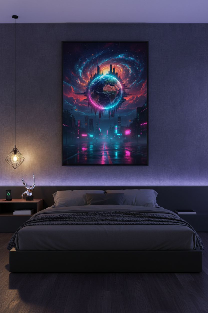 Neon Horizon: Cyberpunk Earth Gaze wall art room scene 3
