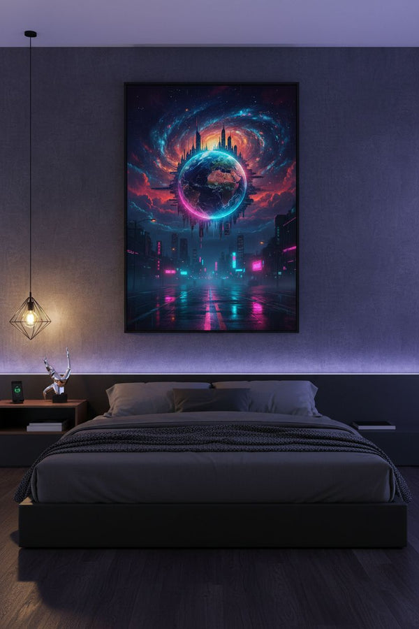 Neon Horizon: Cyberpunk Earth Gaze wall art room scene 3