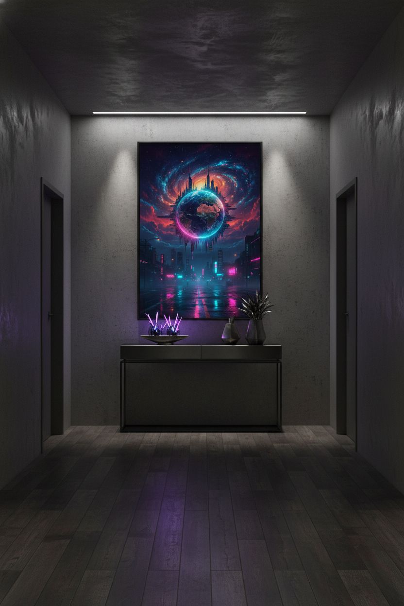 Neon Horizon: Cyberpunk Earth Gaze wall art room scene 4