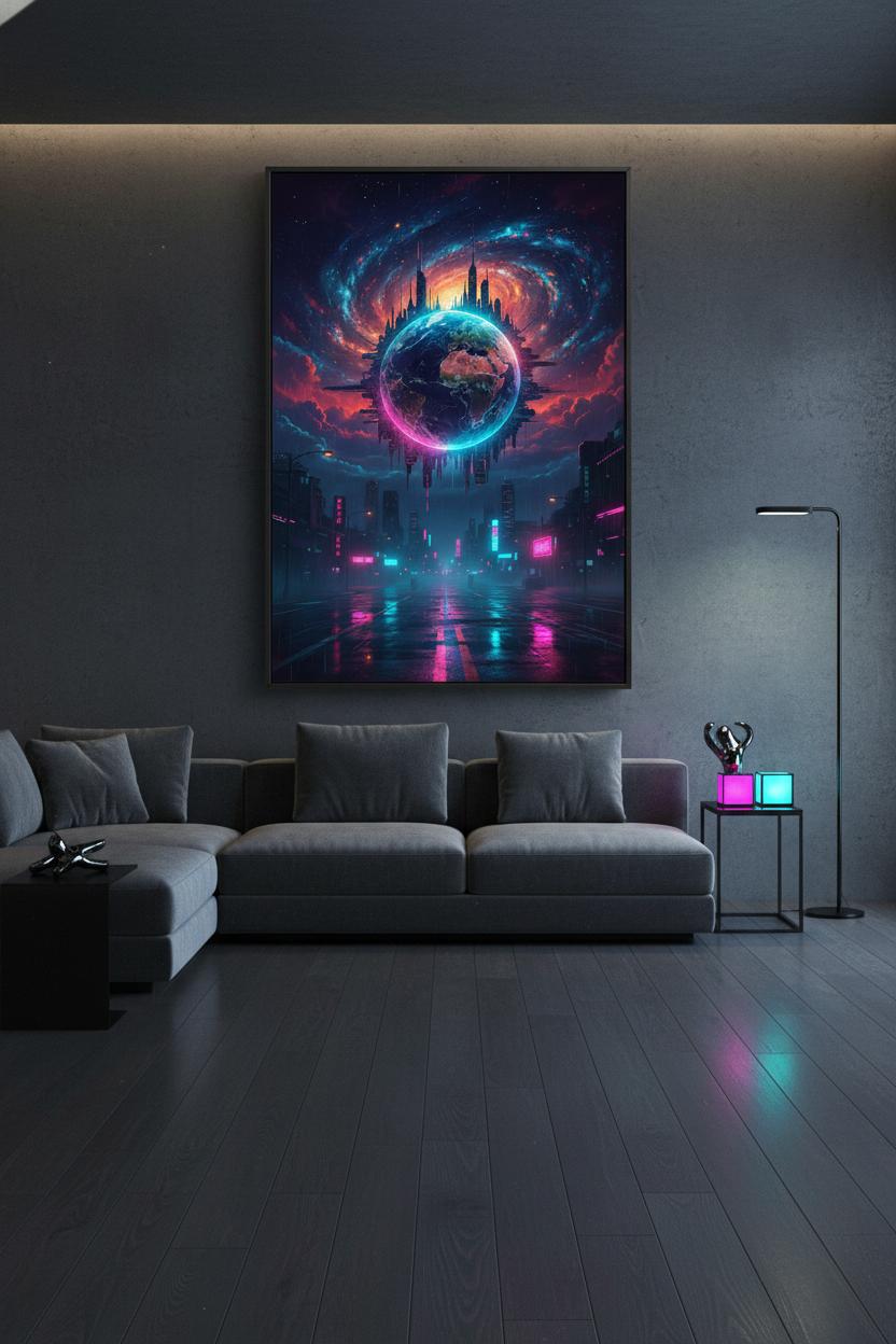 Neon Horizon: Cyberpunk Earth Gaze wall art room scene 5