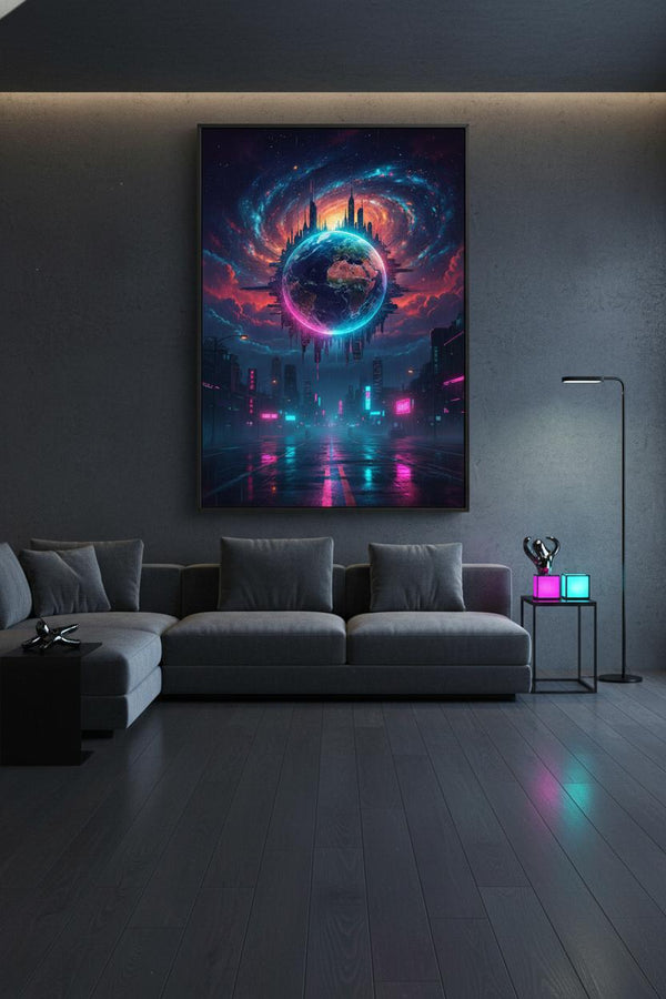 Neon Horizon: Cyberpunk Earth Gaze wall art room scene 5