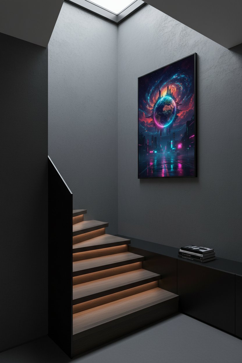 Neon Horizon: Cyberpunk Earth Gaze wall art room scene 6