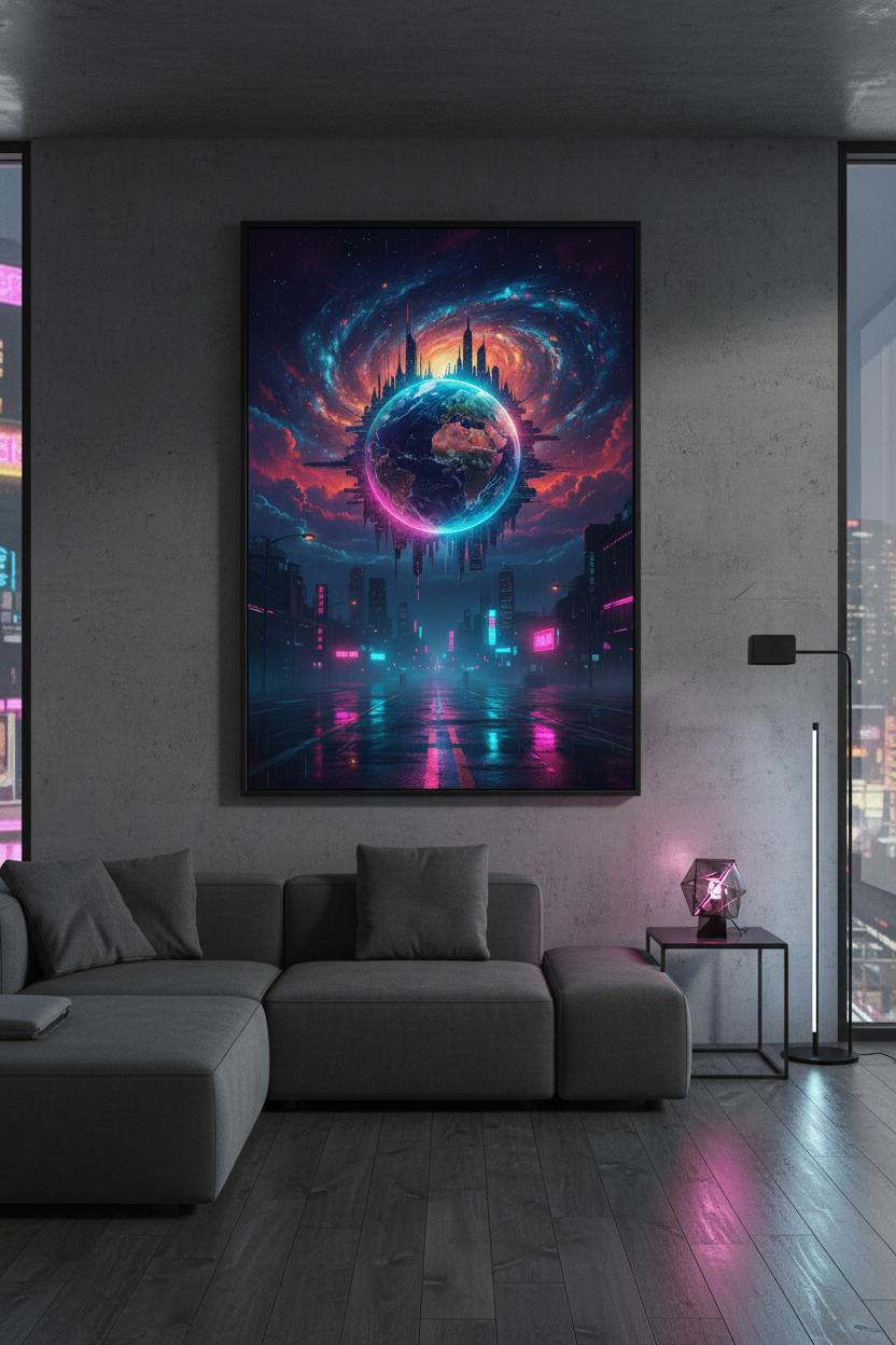 Neon Horizon: Cyberpunk Earth Gaze wall art room scene 7