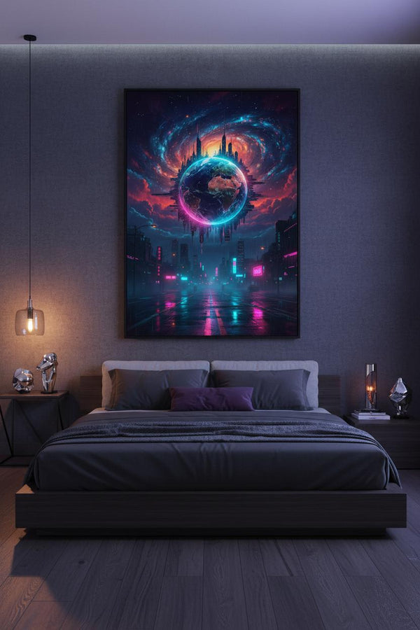 Neon Horizon: Cyberpunk Earth Gaze wall art room scene 8