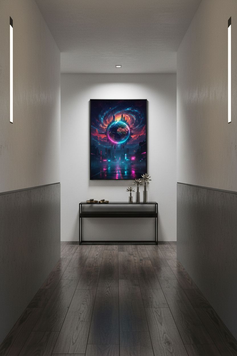 Neon Horizon: Cyberpunk Earth Gaze wall art room scene 9