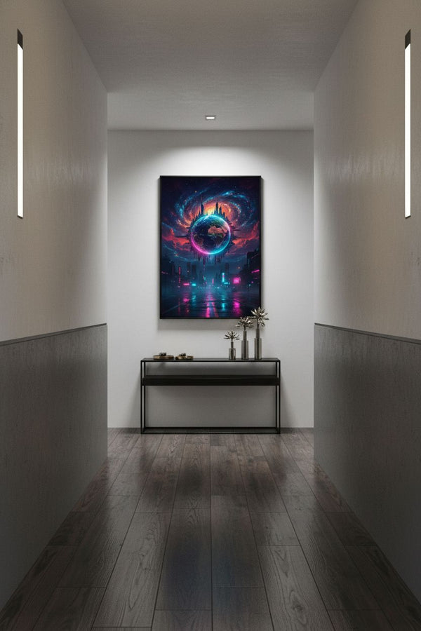 Neon Horizon: Cyberpunk Earth Gaze wall art room scene 9
