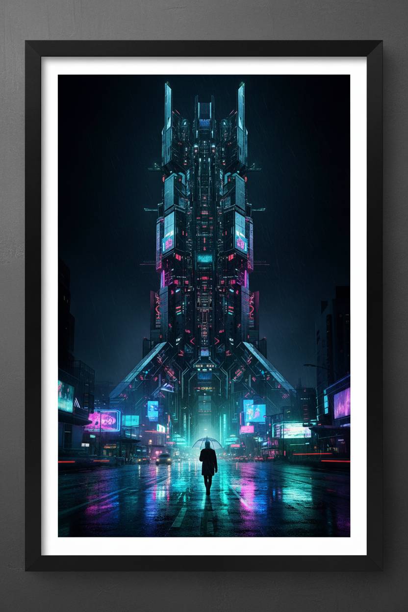 Neon Rain Cityscape Cyberpunk Fine Art Print main artwork