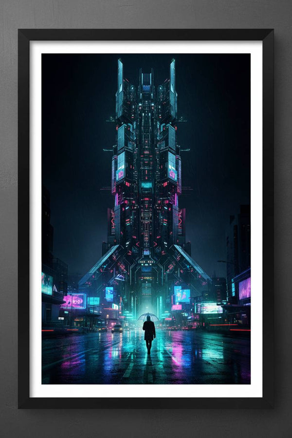 Neon Rain Cityscape Cyberpunk Fine Art Print main artwork