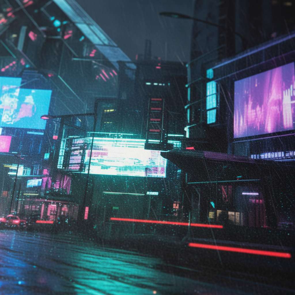 Neon Rain Cityscape Cyberpunk Fine Art Print detail close up 12