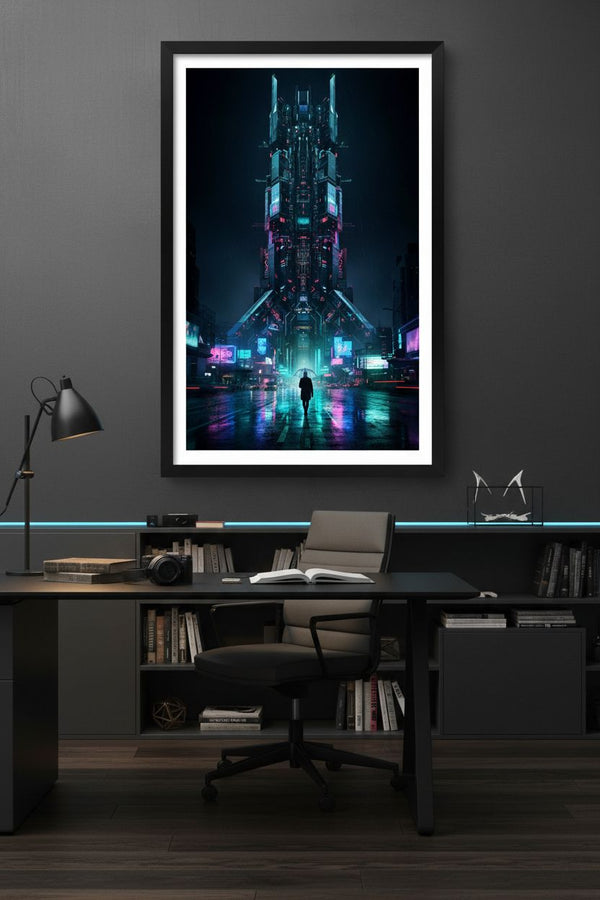 Neon Rain Cityscape Cyberpunk Fine Art Print wall art room scene 2