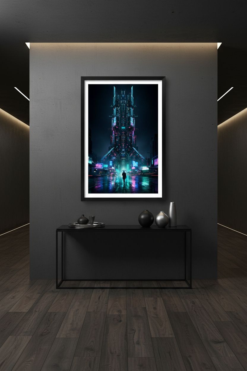Neon Rain Cityscape Cyberpunk Fine Art Print wall art room scene 3