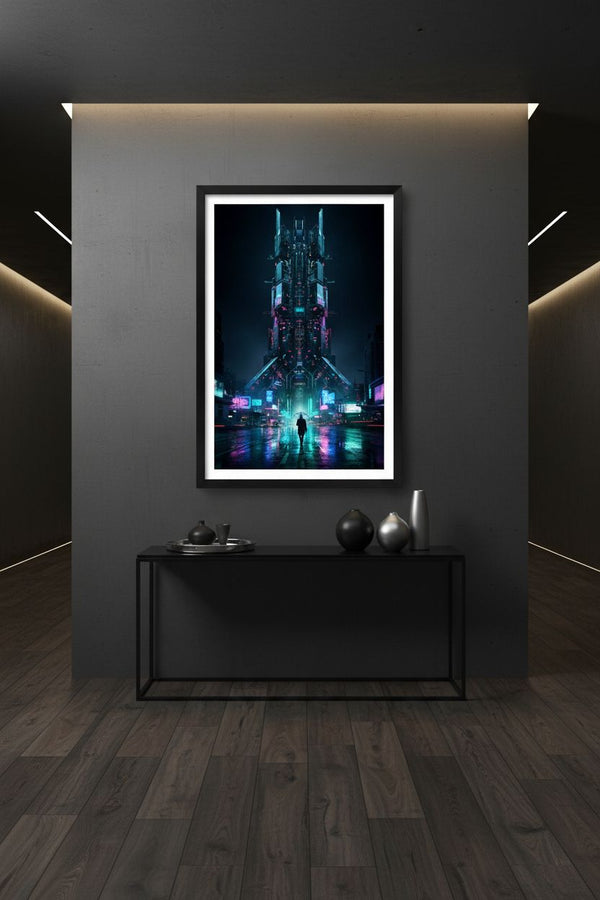 Neon Rain Cityscape Cyberpunk Fine Art Print wall art room scene 3