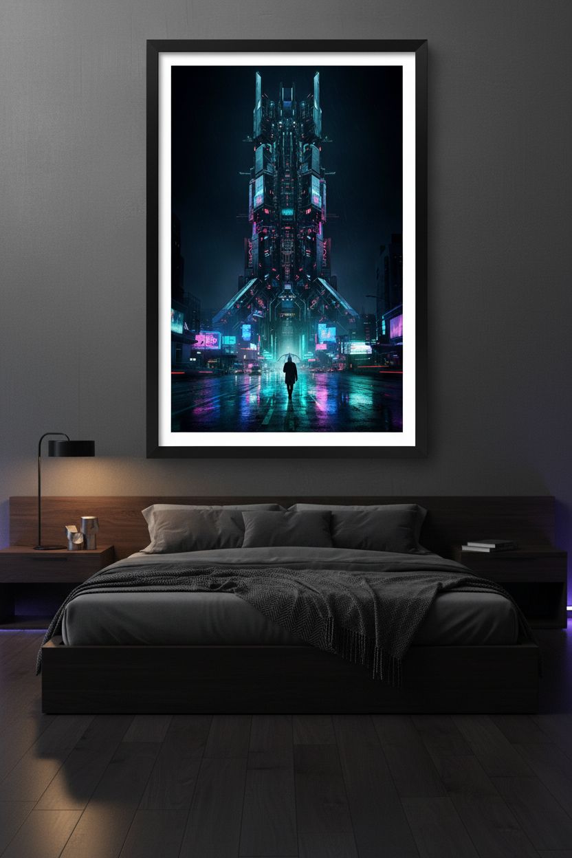 Neon Rain Cityscape Cyberpunk Fine Art Print wall art room scene 4