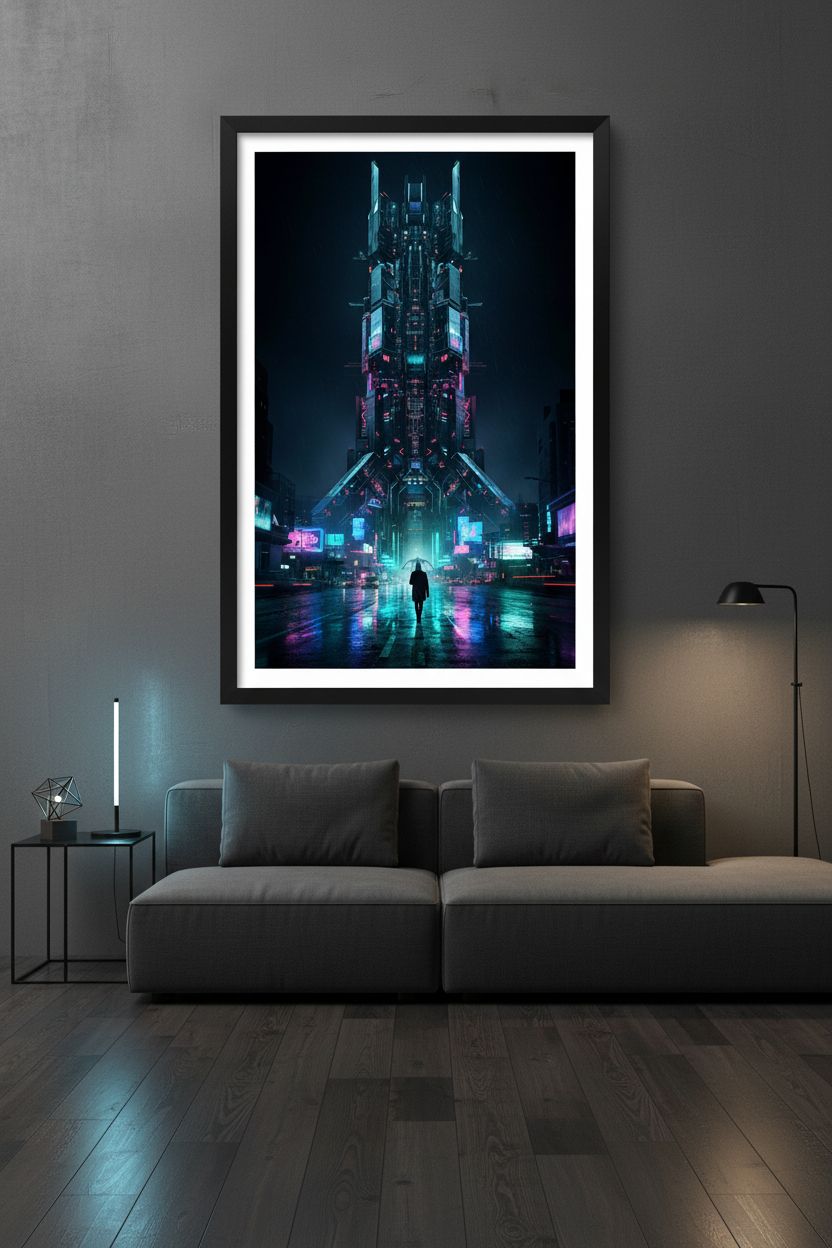 Neon Rain Cityscape Cyberpunk Fine Art Print wall art room scene 6