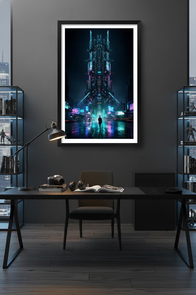 Neon Rain Cityscape Cyberpunk Fine Art Print wall art room scene 7
