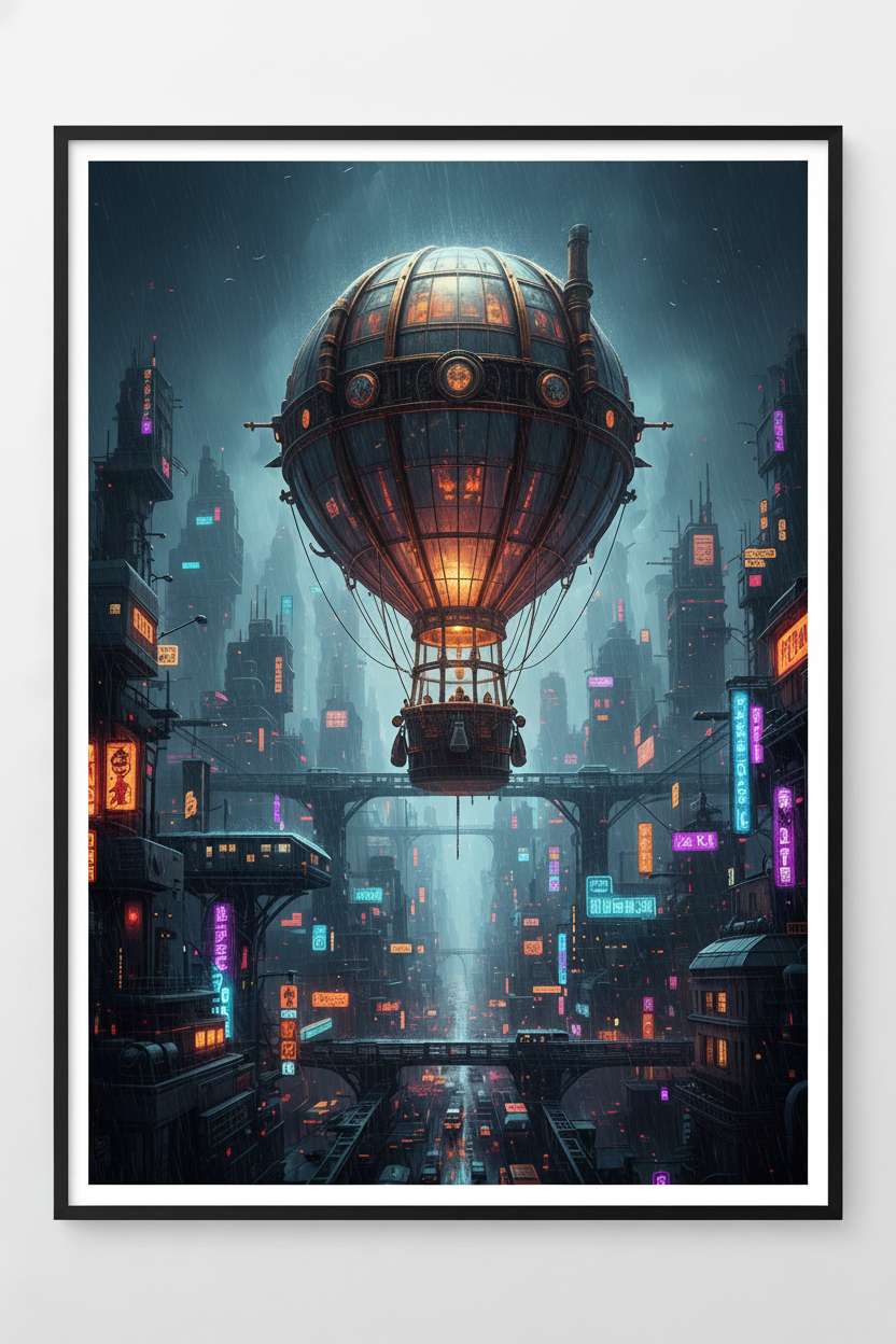 Neon Rain Metropolis: Steampunk Airship Fine Art main artwork