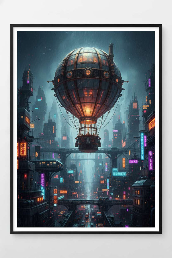 Neon Rain Metropolis: Steampunk Airship Fine Art main artwork