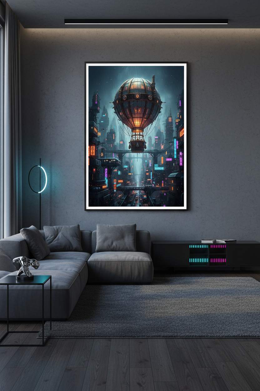 Neon Rain Metropolis: Steampunk Airship Fine Art wall art room scene 10