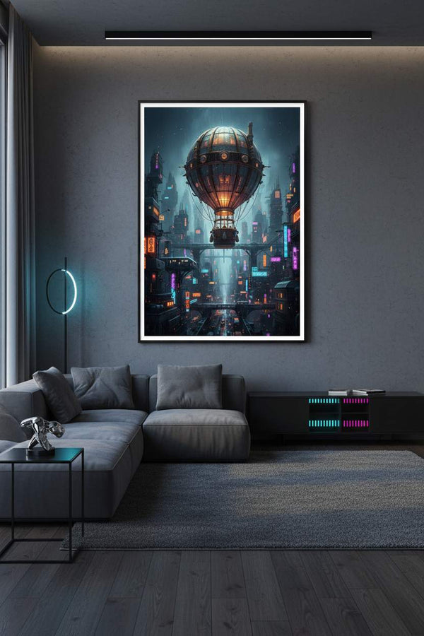 Neon Rain Metropolis: Steampunk Airship Fine Art wall art room scene 10