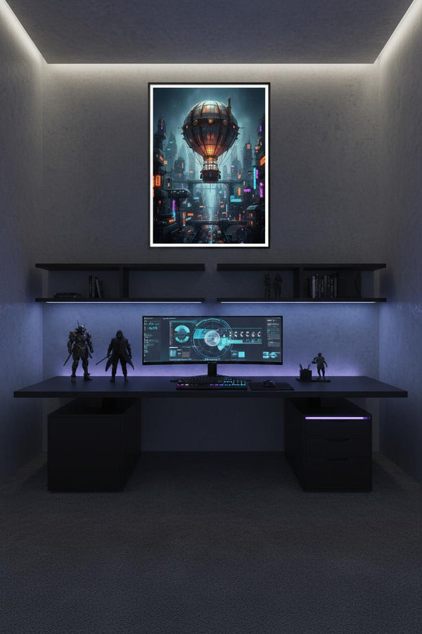 Neon Rain Metropolis: Steampunk Airship Fine Art wall art room scene 2