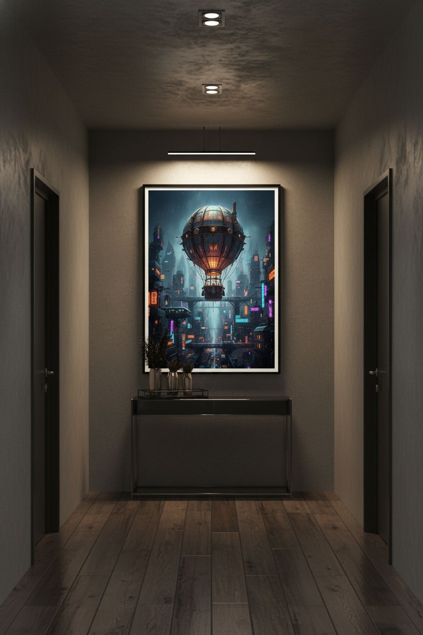 Neon Rain Metropolis: Steampunk Airship Fine Art wall art room scene 3