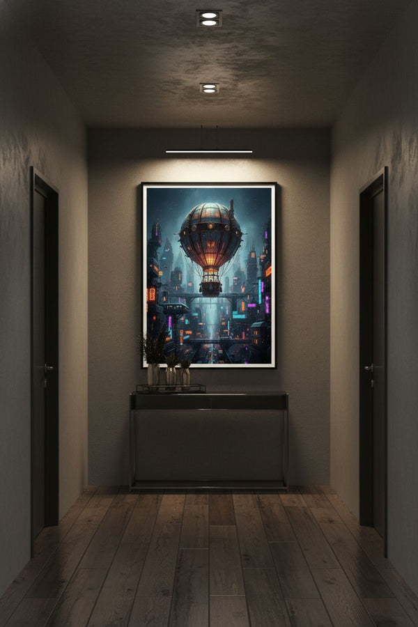 Neon Rain Metropolis: Steampunk Airship Fine Art wall art room scene 3