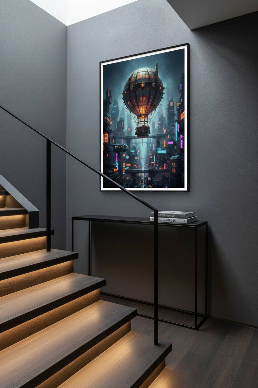 Neon Rain Metropolis: Steampunk Airship Fine Art wall art room scene 4