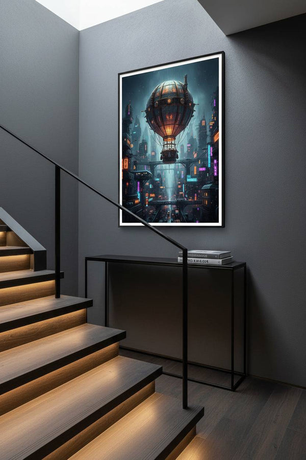 Neon Rain Metropolis: Steampunk Airship Fine Art wall art room scene 4